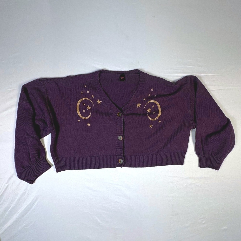 Romwe Purple Celestial Moon Stars Cropped Cardigan Sweater Womens 2XL - Picture 2 of 7